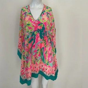 Lilly Pulitzer Atlin Silk Caftan Tiki Pink Bird Of Paradise, L/XL, NEW NO tags
